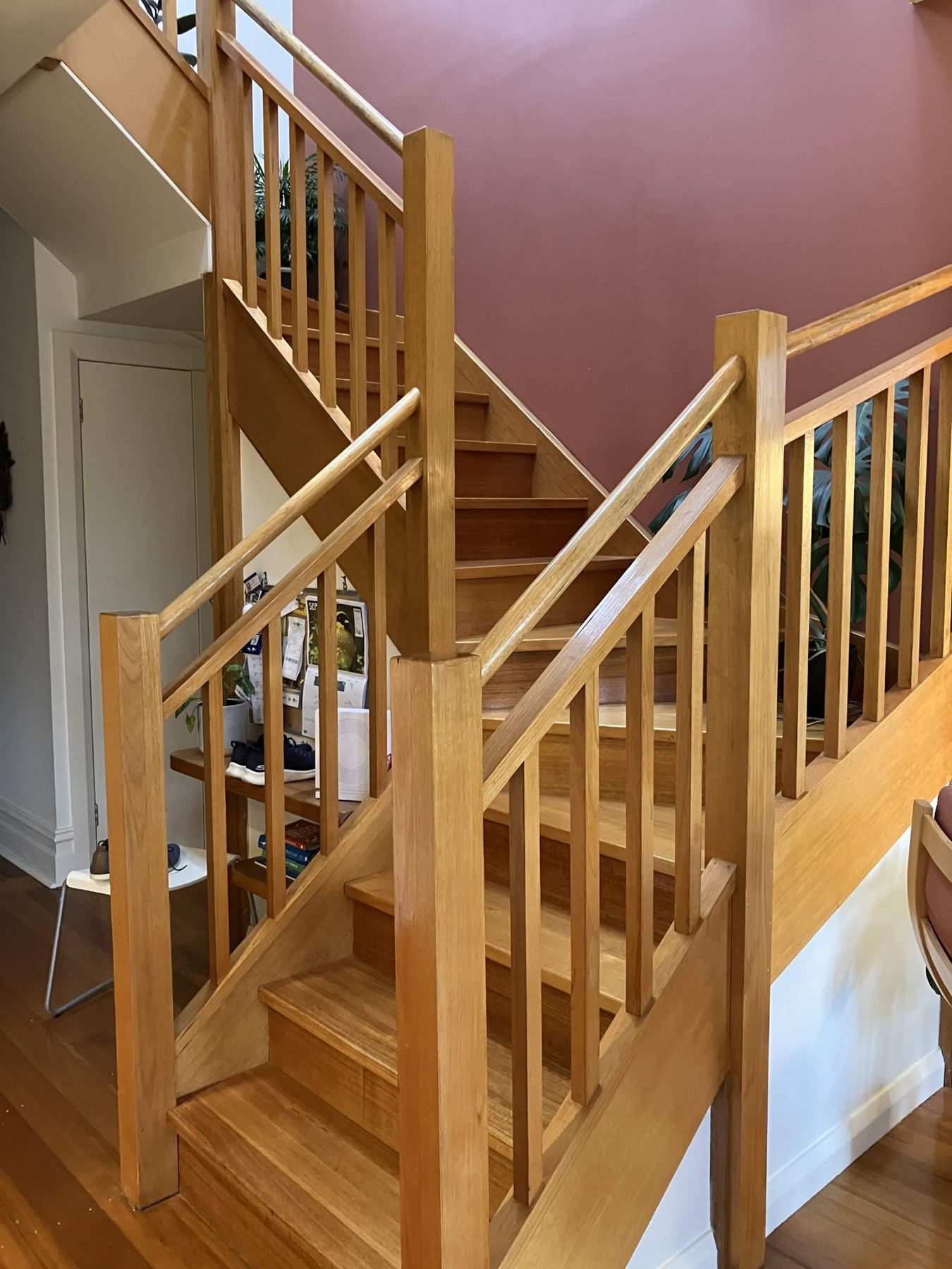 Timber staircase before the updated finish